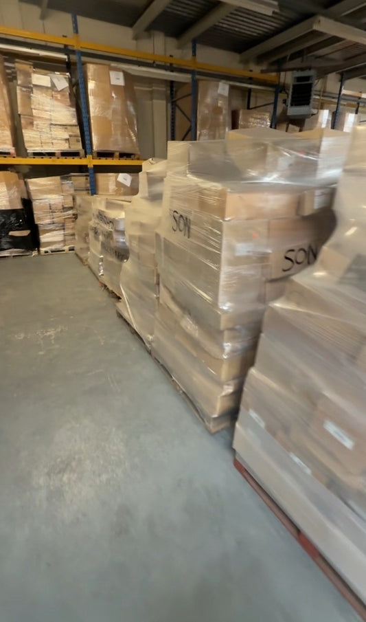 Warehouse pallets of shrink wrapped boxes stacked ready for distribution by Ironbridge and Sons Ltd bulk greeting cards wholesale