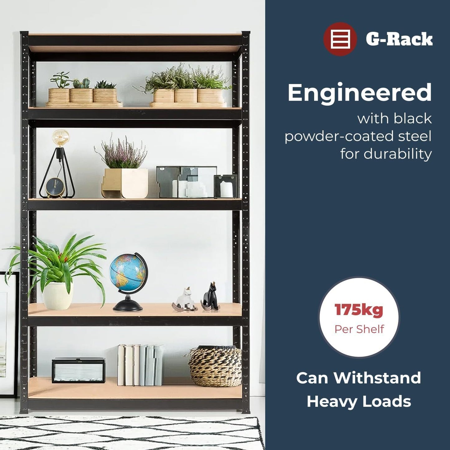 G-Rack Garage Shelving Racking made of black powder-coated steel, holds 175kg per shelf.