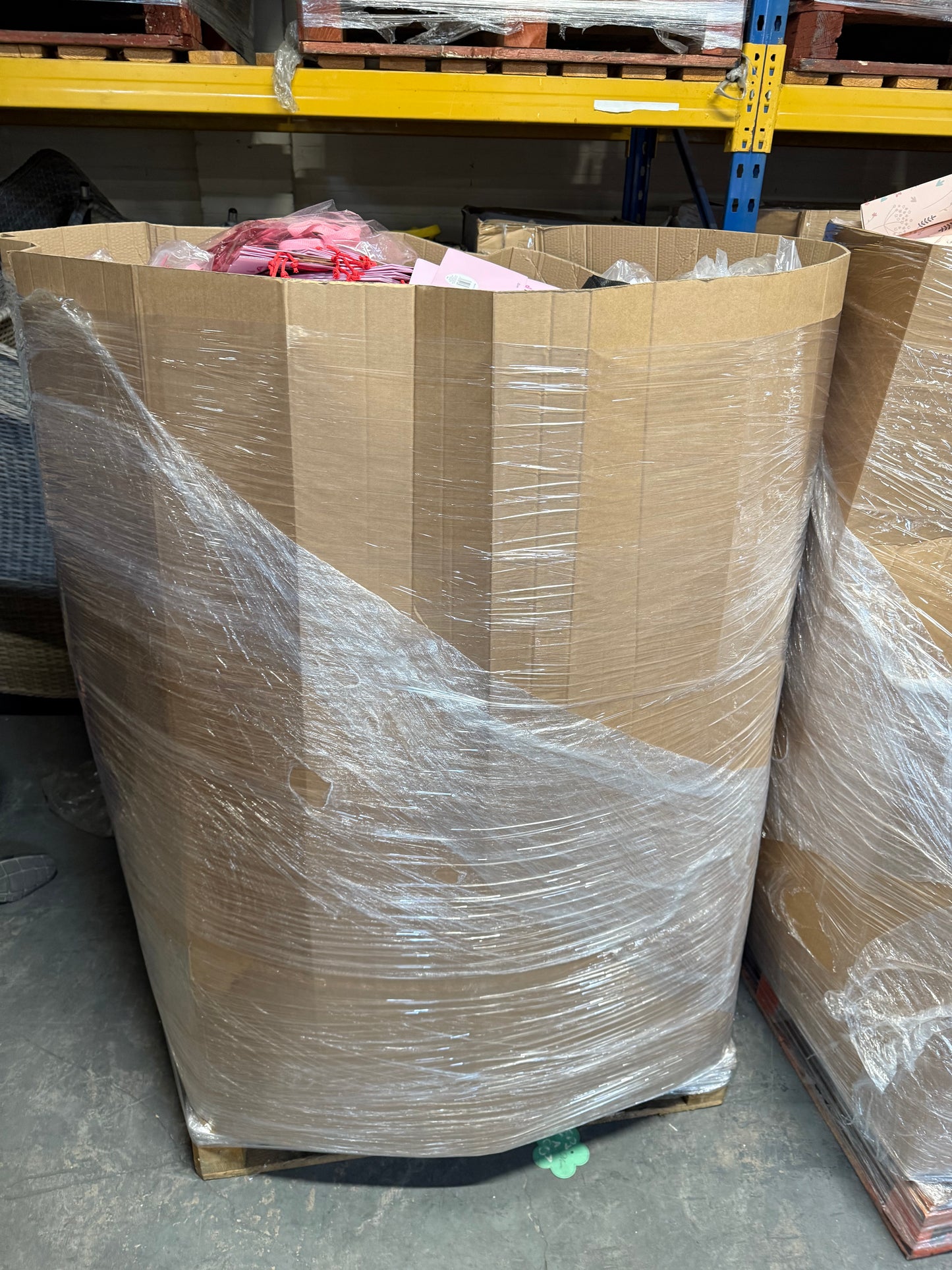 Ironbridge & Sons Ltd Pallet of seasonal gift bags overstock wrapped for storage and shipping