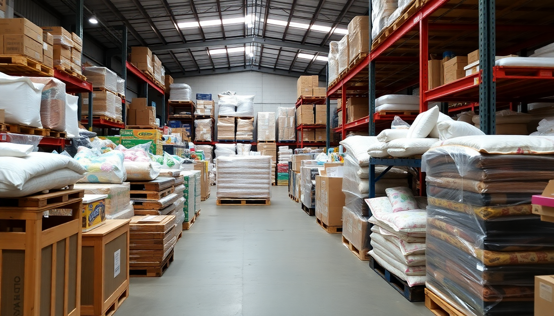 Pallets of homeware, kitchenware, toys, bedding, garden in a warehouse 