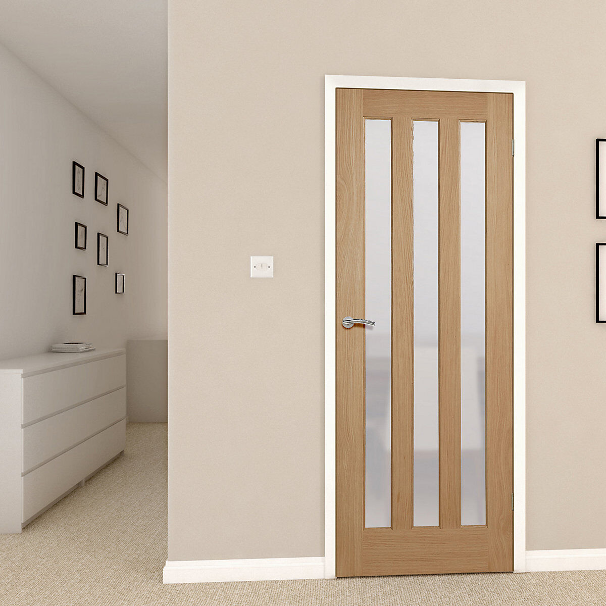 Vertical 3 Lite Obscure Glazed Contemporary Natural White Oak Veneer Timber Door