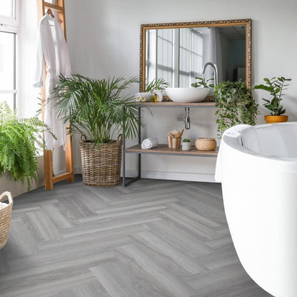 SPC Flooring Rigid-Core Herringbone Click Vinyl Light Grey 1.8m² Per Pack