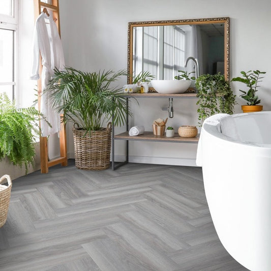 SPC Flooring Rigid-Core Herringbone Click Vinyl Light Grey 1.8m² Per Pack