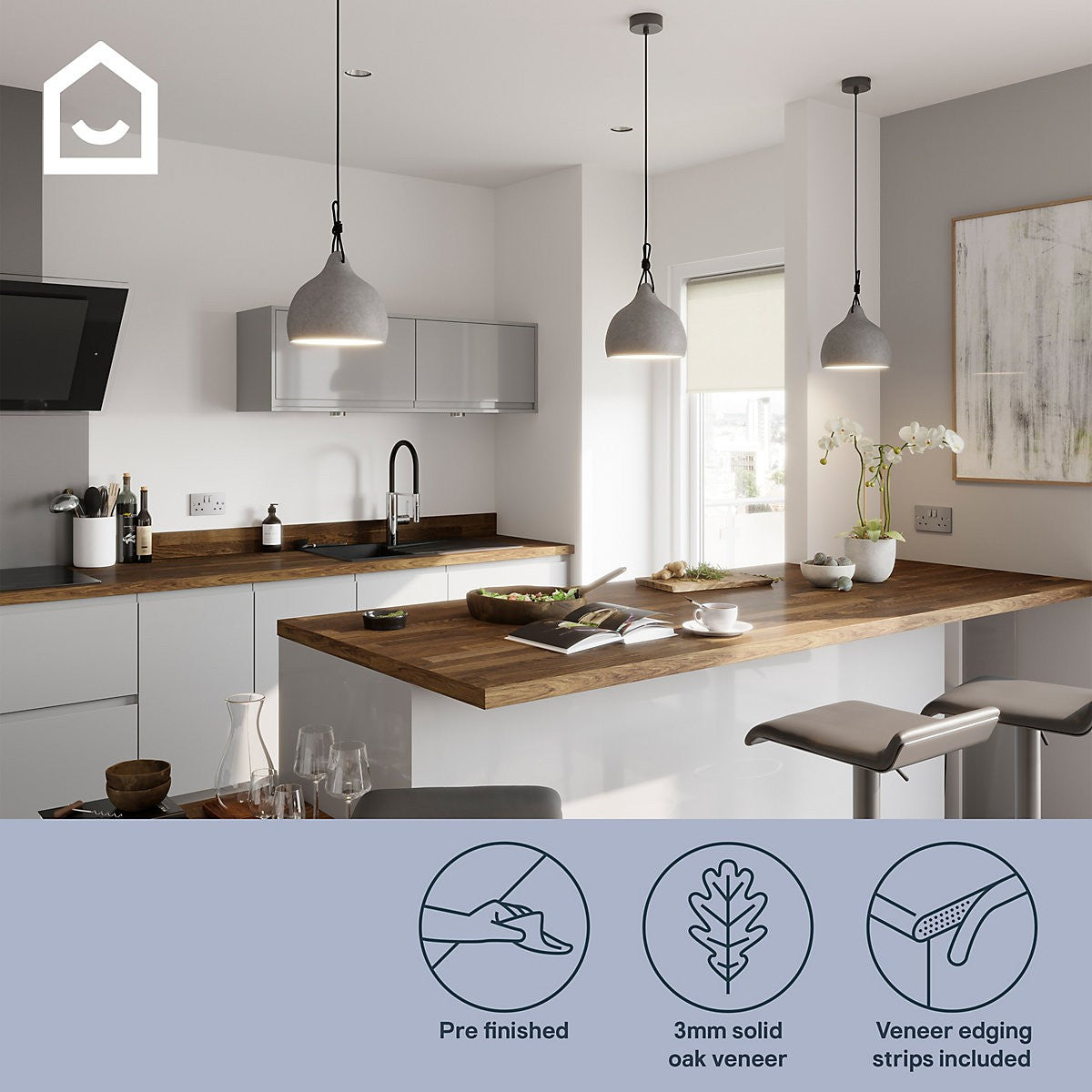 GoodHome 38mm Orin Satin Onyx Oak Veneered Chamfered Kitchen Worktop, (L)3000mm