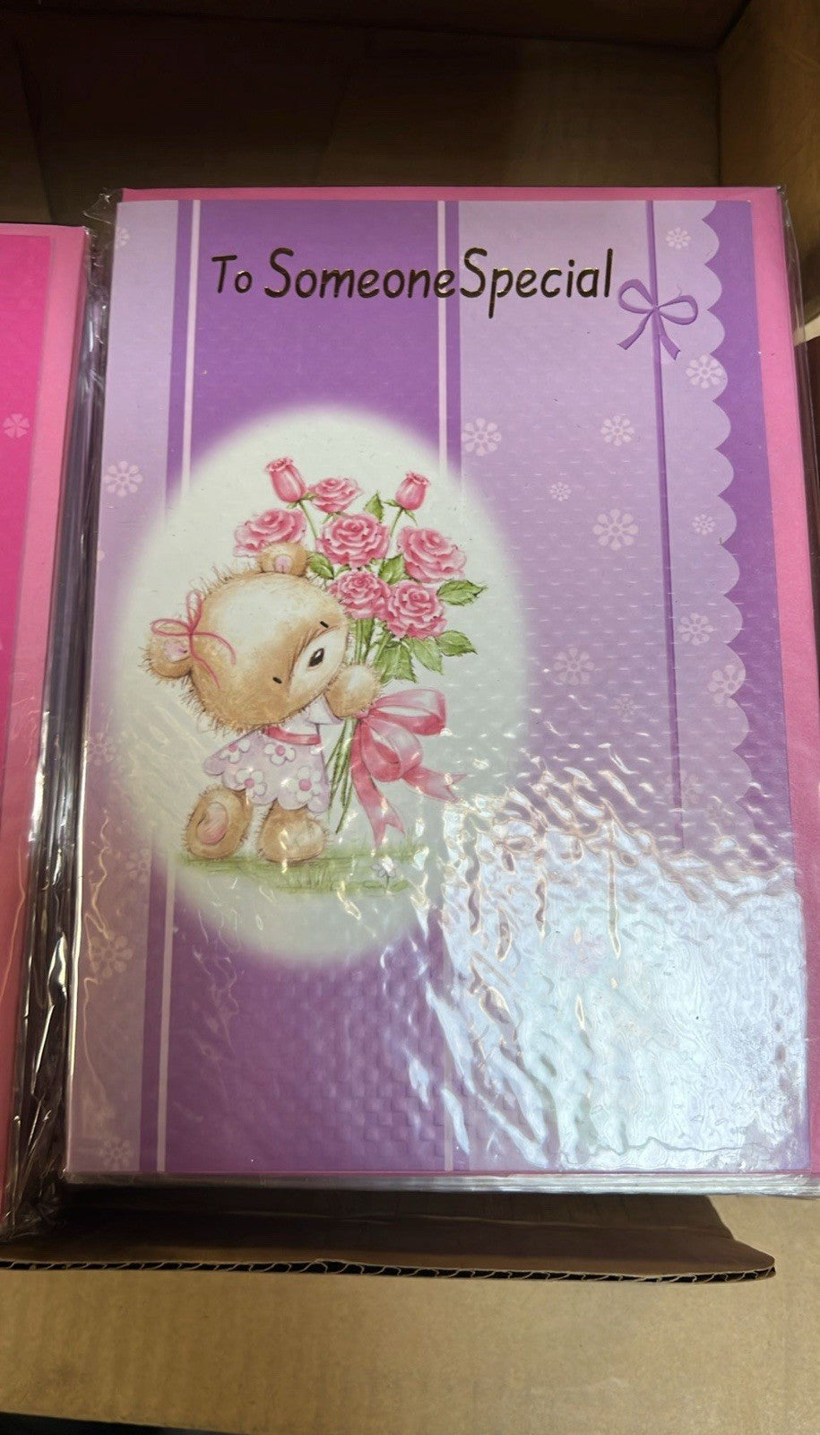 Purple To Someone Special greeting card with teddy holding bouquet of pink roses front design bulk greeting cards wholesale