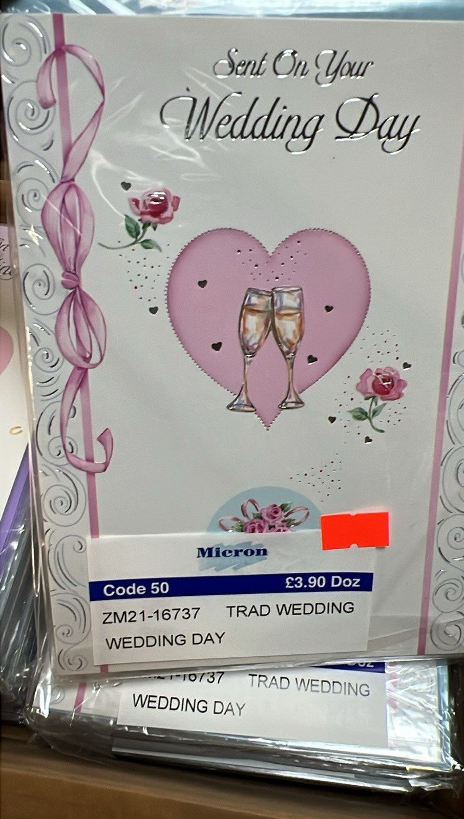 Pack of traditional wedding day cards with pink heart ribbon roses and champagne glasses bulk greeting cards wholesale