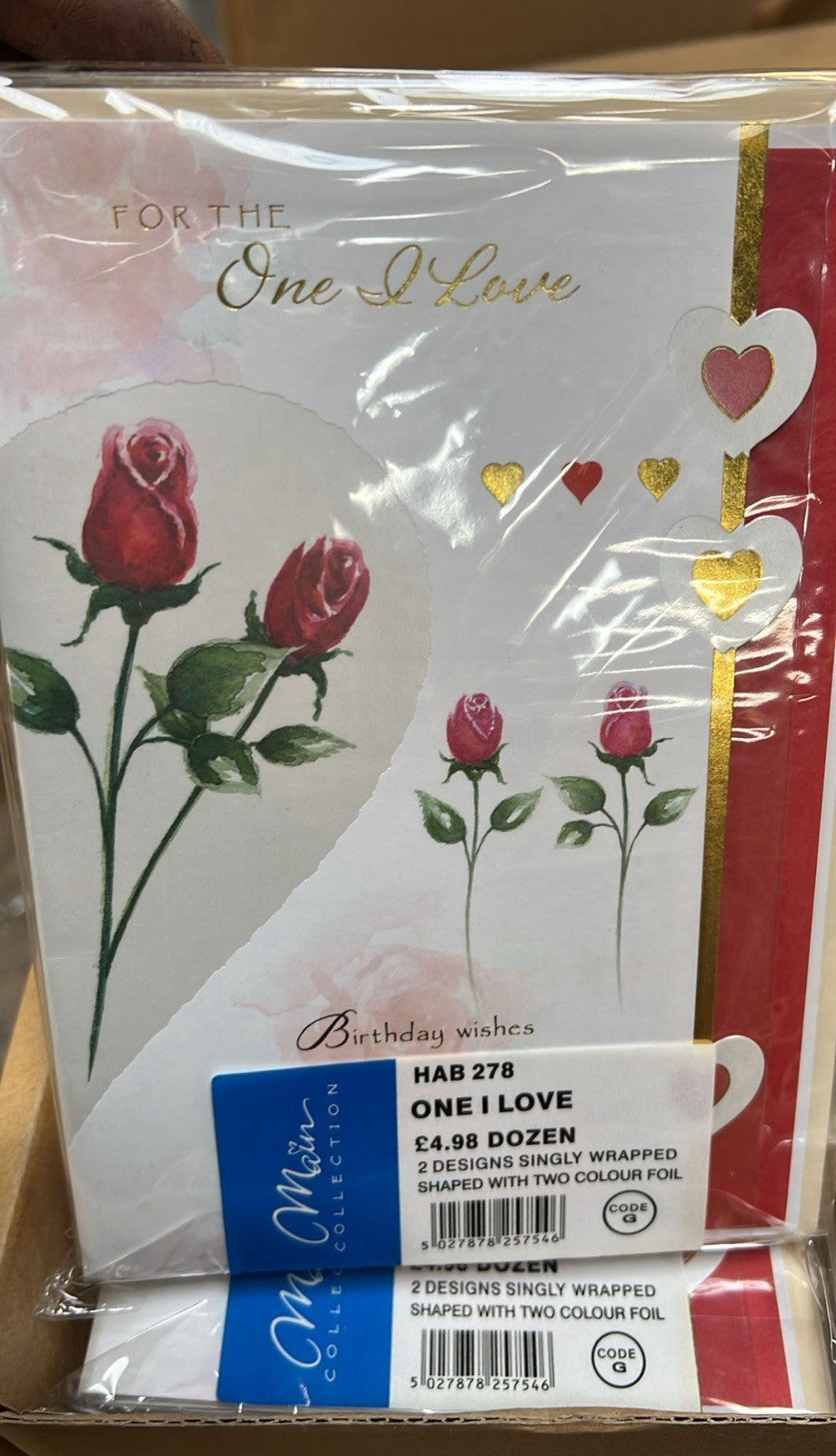 Pack of For the One I Love rose and heart birthday cards with gold foil by Ironbridge and Sons Ltd bulk greeting cards wholesale