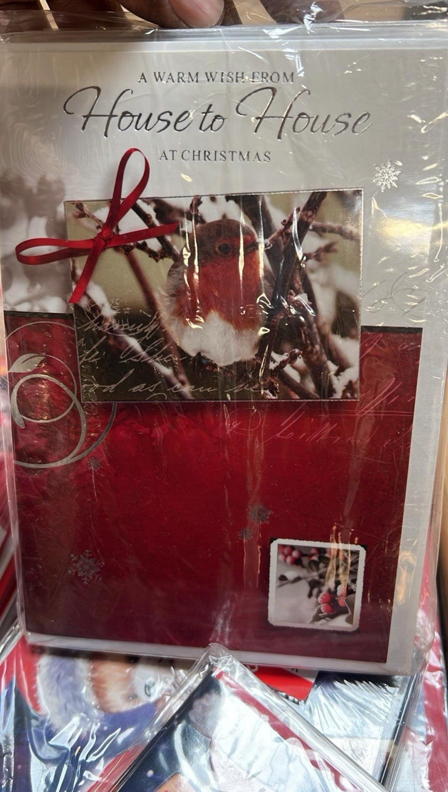 Ironbridge and Sons Ltd pack of Christmas robin cards in plastic wrap with red ribbon design bulk greeting cards wholesale