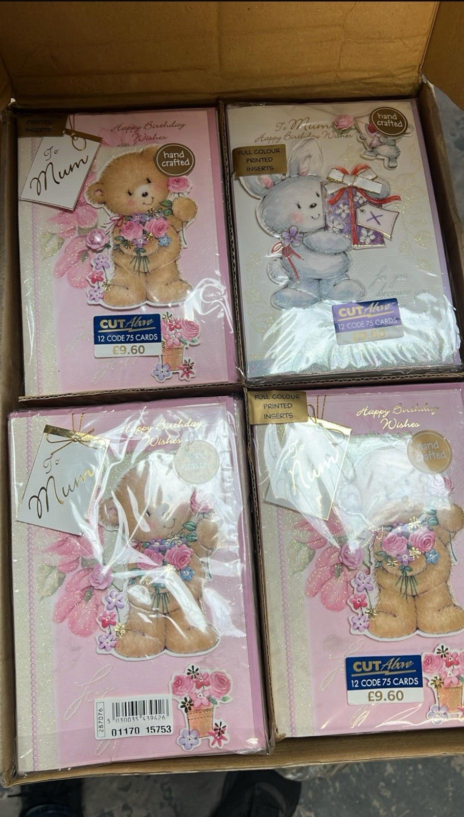 Boxed sets of floral teddy bear Mum greeting cards in pink packs ideal for bulk greeting cards wholesale