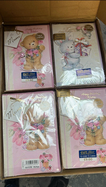 Boxed sets of floral teddy bear Mum greeting cards in pink packs ideal for bulk greeting cards wholesale