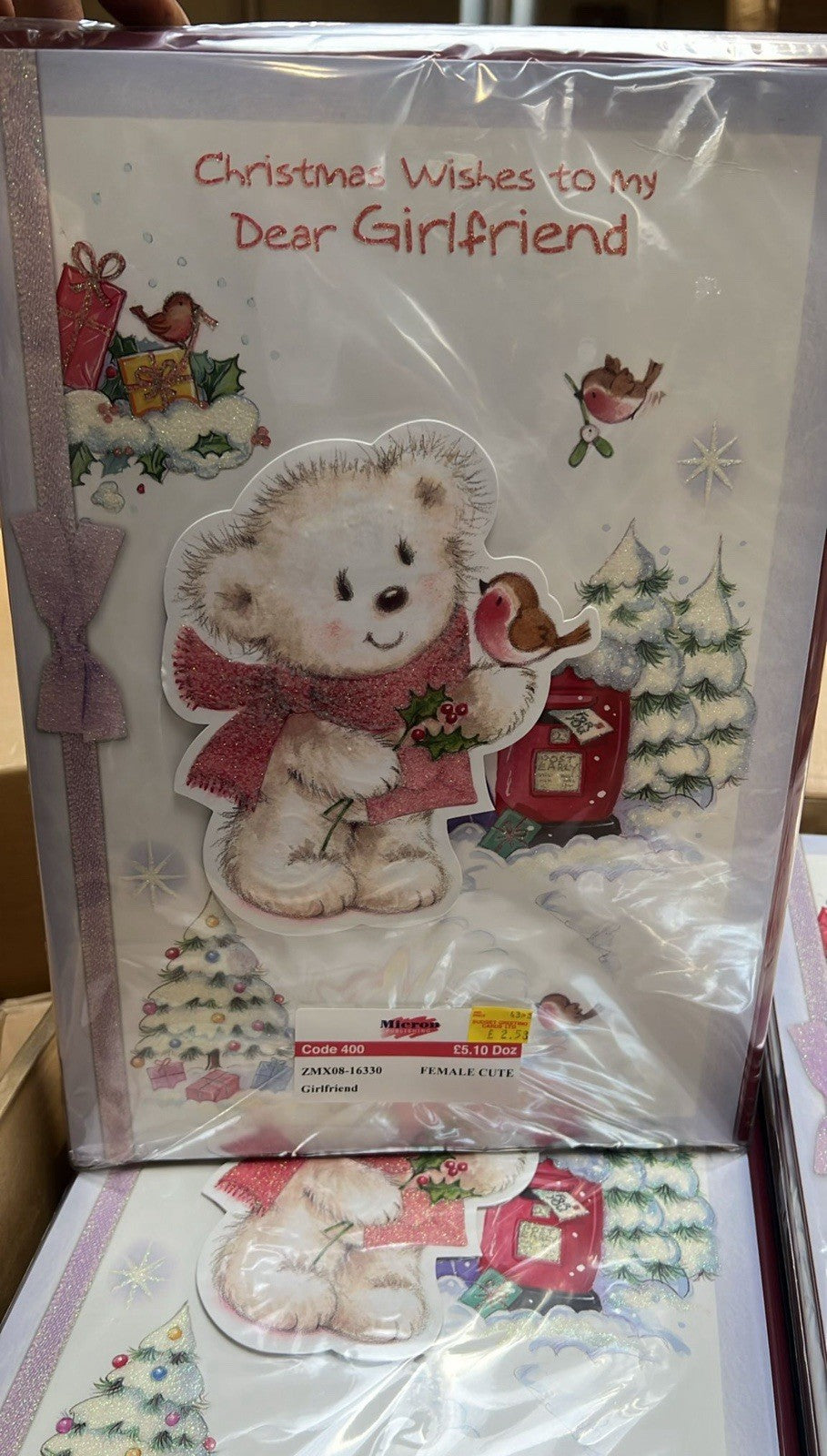 Ironbridge and Sons Christmas card teddy bear with robin in snowy scene Dear Girlfriend bulk greeting cards wholesale