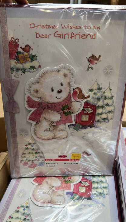 Ironbridge and Sons Christmas card teddy bear with robin in snowy scene Dear Girlfriend bulk greeting cards wholesale