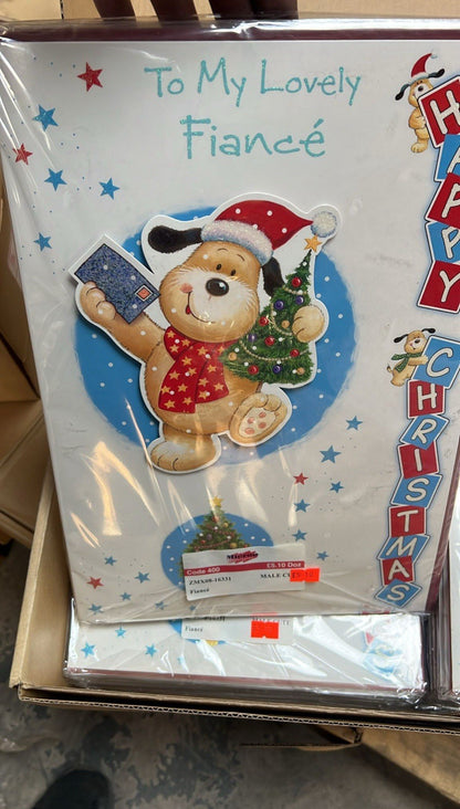 Christmas card To My Lovely Fiance with cartoon dog in Santa hat and tree bulk greeting cards wholesale