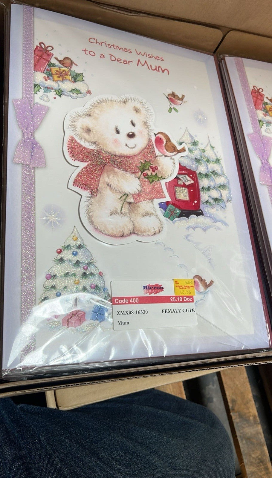 Boxed Christmas cards for Mum with a teddy bear and robin and purple ribbon trim bulk greeting cards wholesale