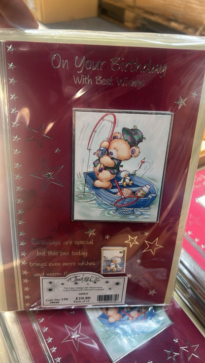 Pack of Ironbridge and Sons Ltd birthday cards showing teddy bear fishing in a boat on maroon cover bulk greeting cards wholesale