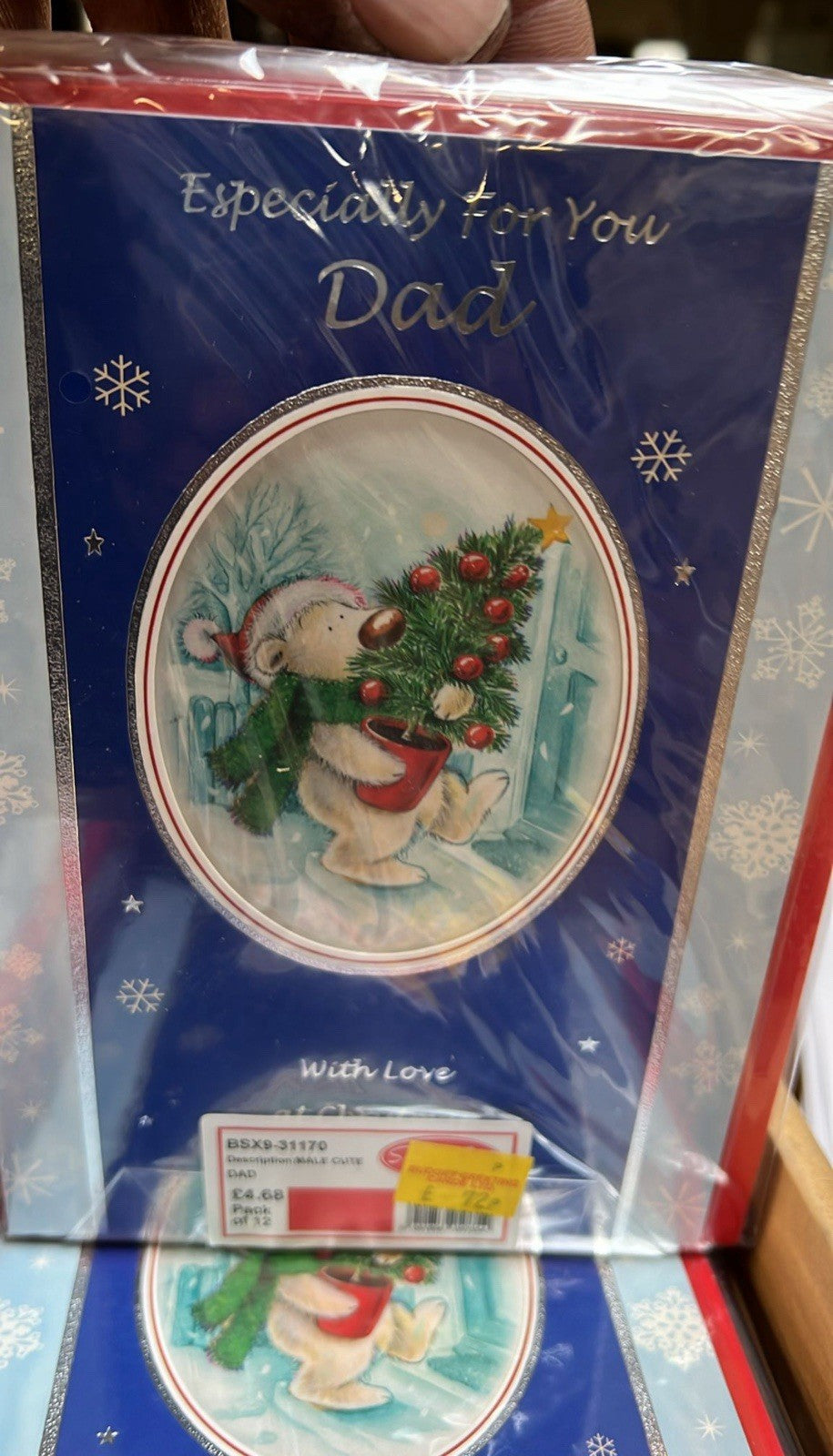 Christmas card Especially for You Dad with teddy and tree on blue snowflake design bulk greeting cards wholesale