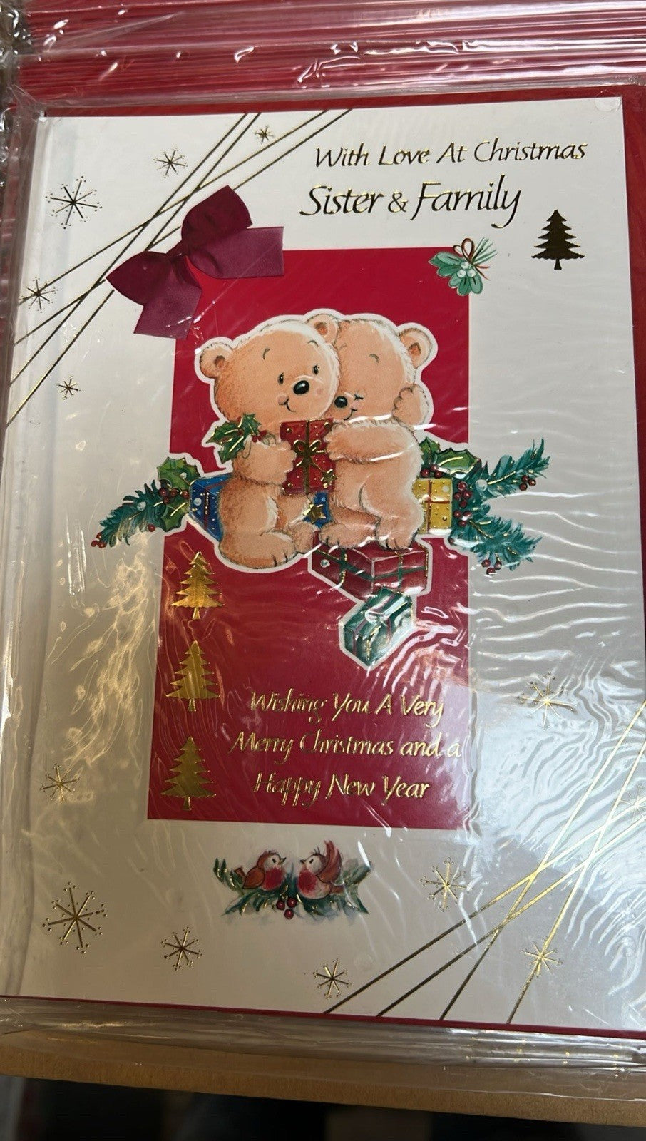 Pack of Christmas cards with two hugging teddy bears red bow gold foil accents wrapped bulk greeting cards wholesale