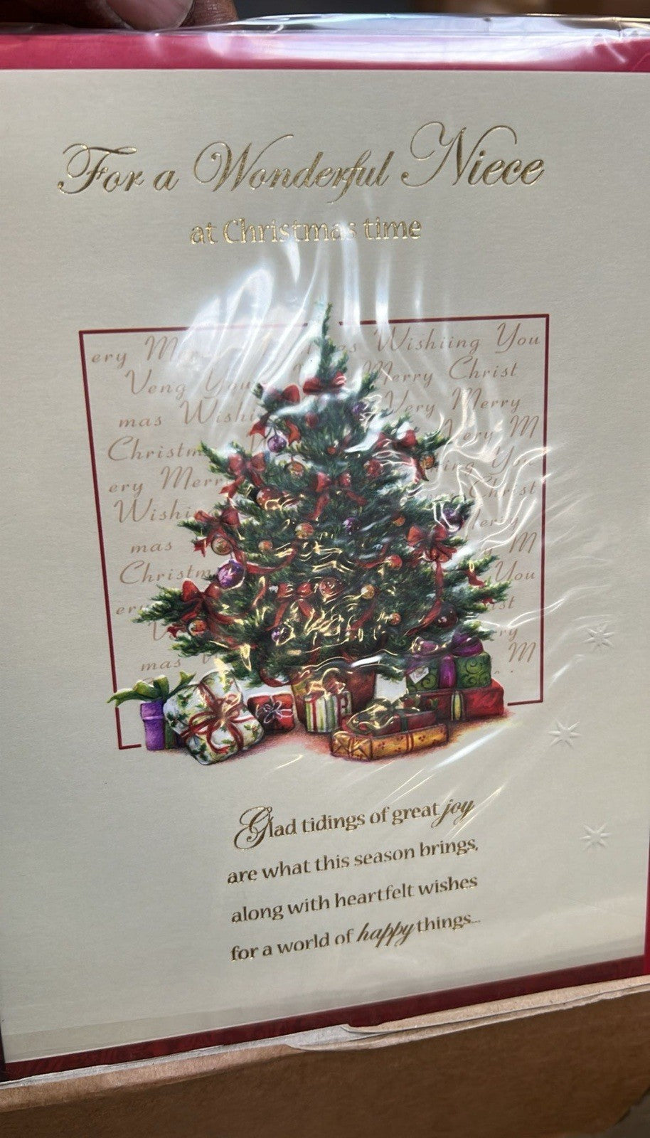 Christmas greeting card for a wonderful niece featuring decorated tree and gifts ideal for bulk greeting cards wholesale orders