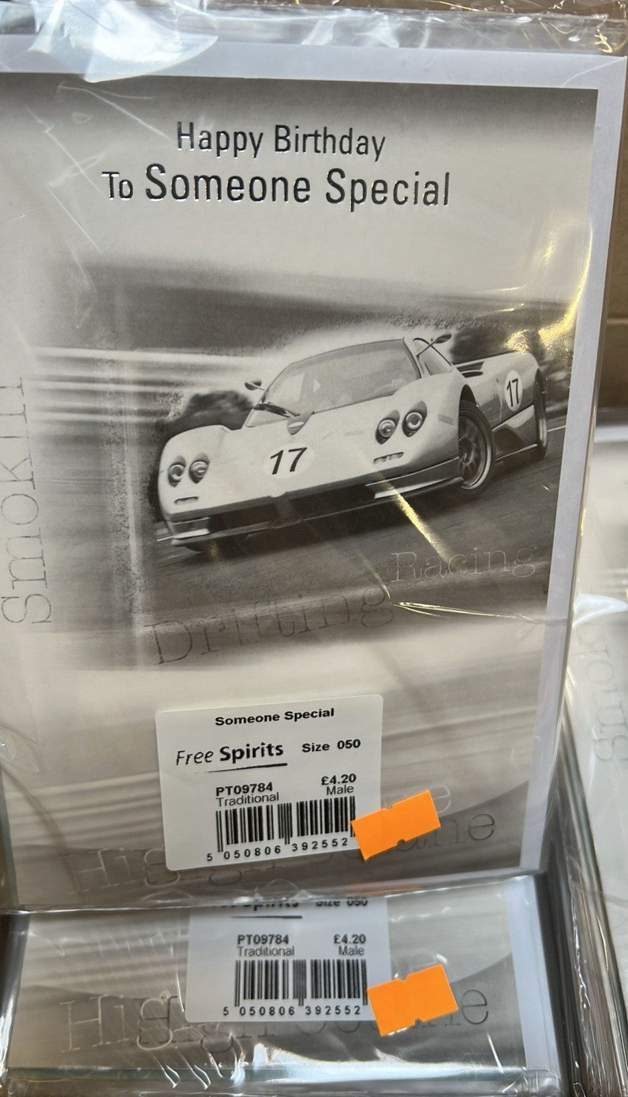 Ironbridge and Sons Ltd Happy Birthday car design card pack showing white race car bulk greeting cards wholesale