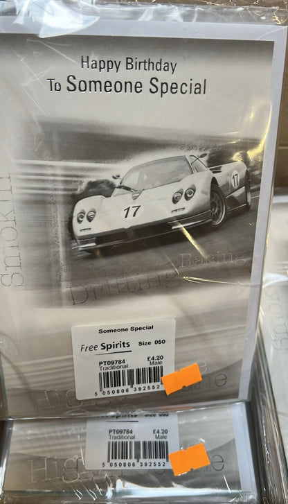 Ironbridge and Sons Ltd Happy Birthday car design card pack showing white race car bulk greeting cards wholesale