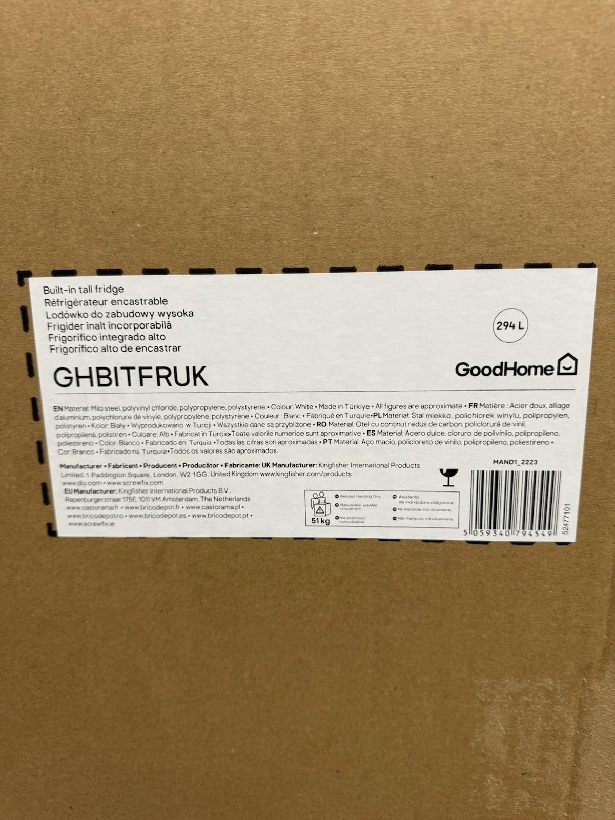 GoodHome GHBITFRUK Built-in Tall Fridge - Gloss White RRP £398