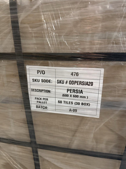 Beige outdoor porcelain floor tiles wrapped on pallets with packaging details visible