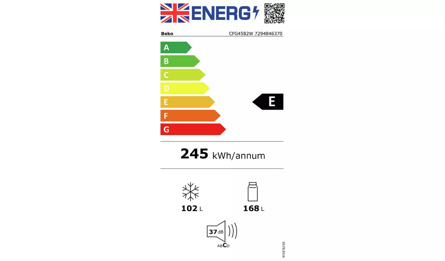 Energy rating label for Beko CFG4582W frost free fridge freezer showing 245 kWh annual usage and noise level