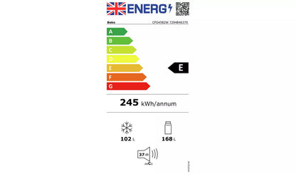Energy rating label for Beko CFG4582W frost free fridge freezer showing 245 kWh annual usage and noise level