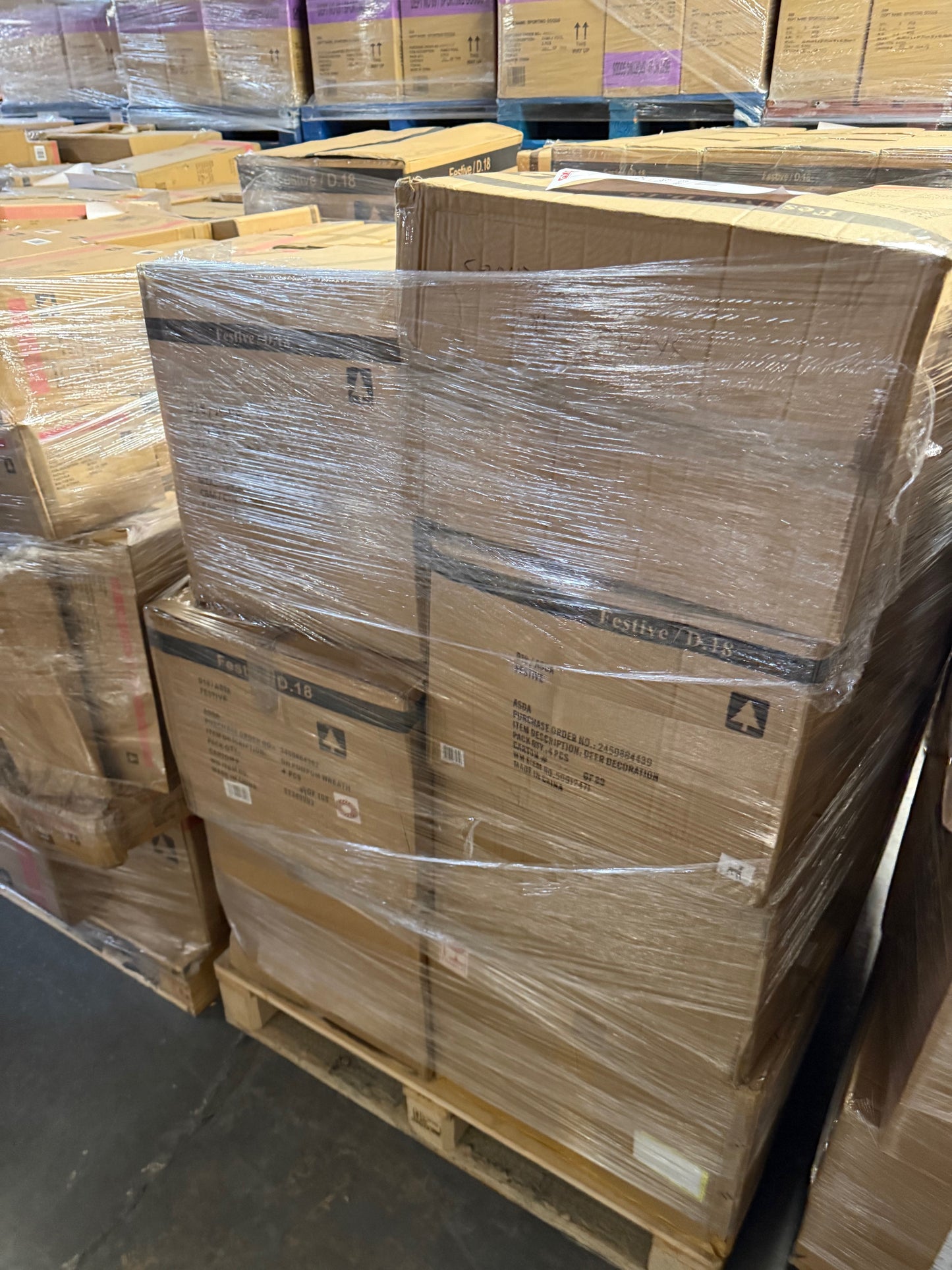 Pallet of wrapped boxes showcasing Christmas Stock Wholesale Pallet for festive retail needs