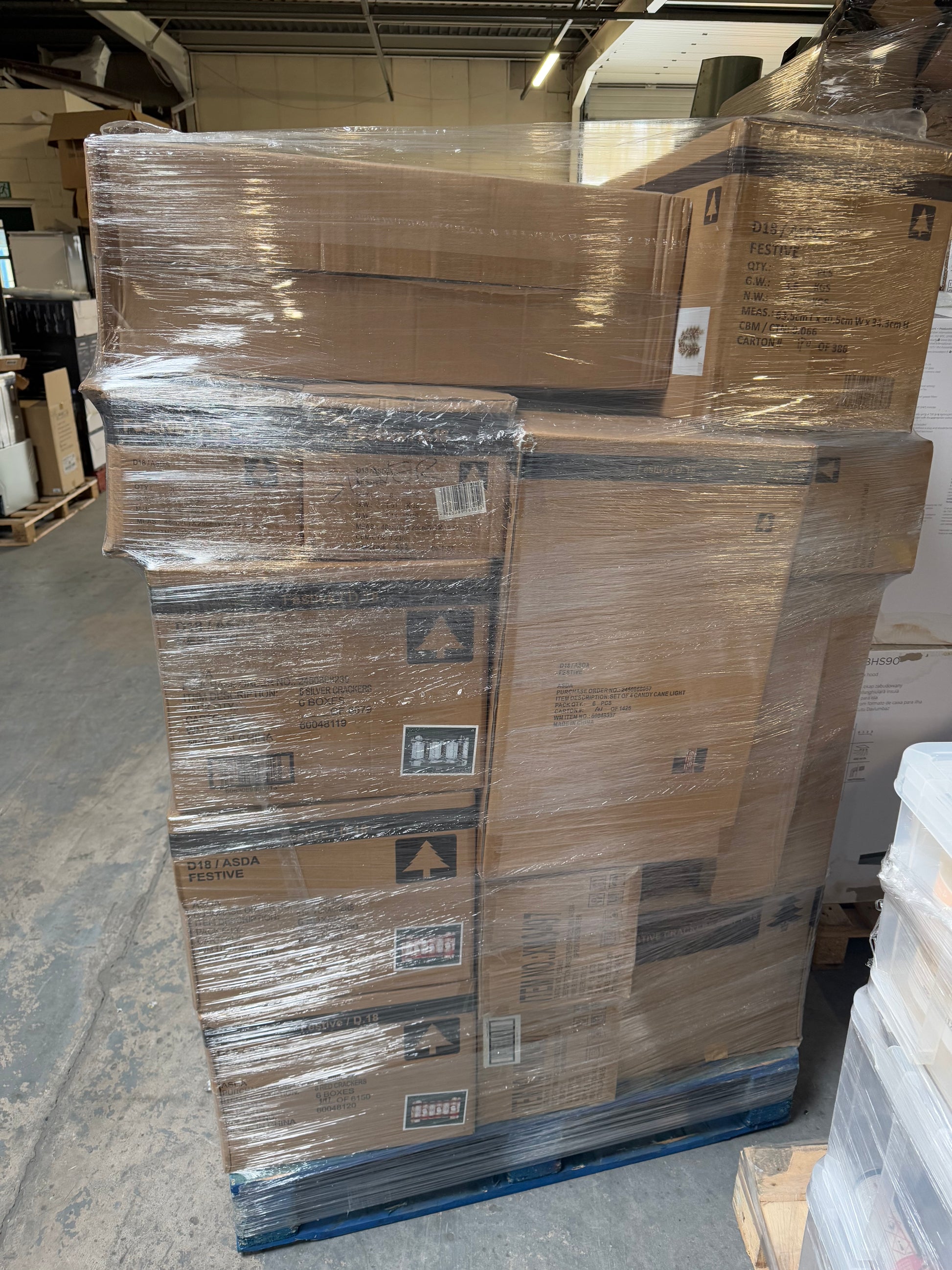 Stacked boxes on a pallet wrapped in plastic, representing Christmas Stock Wholesale Pallet for bulk distribution