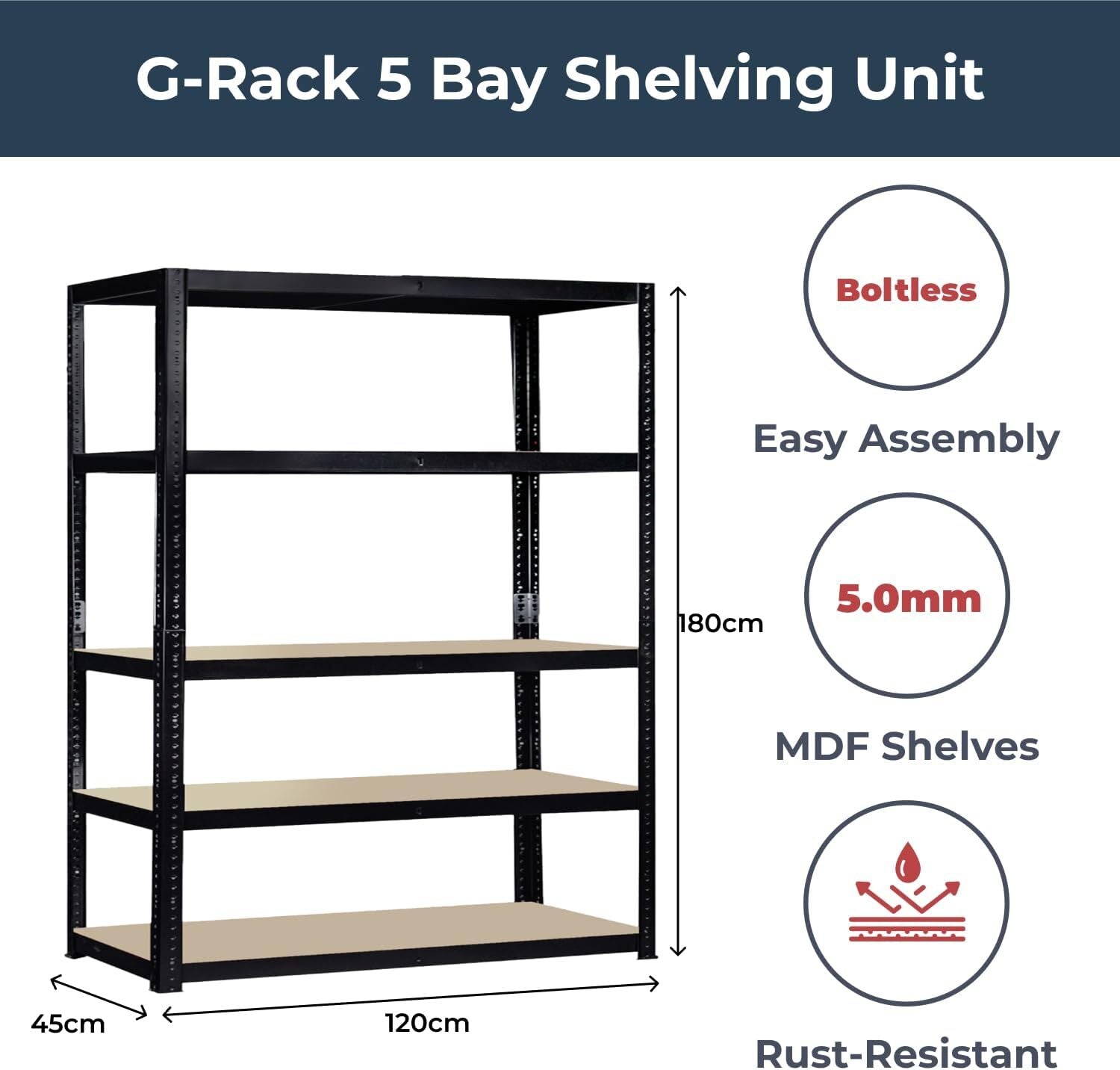 G-Rack 5 Bay Garage Shelving Racking Unit with MDF Shelves and Rust-Resistant Steel Frame
