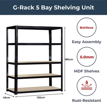 G-Rack 5 Bay Garage Shelving Racking Unit with MDF Shelves and Rust-Resistant Steel Frame