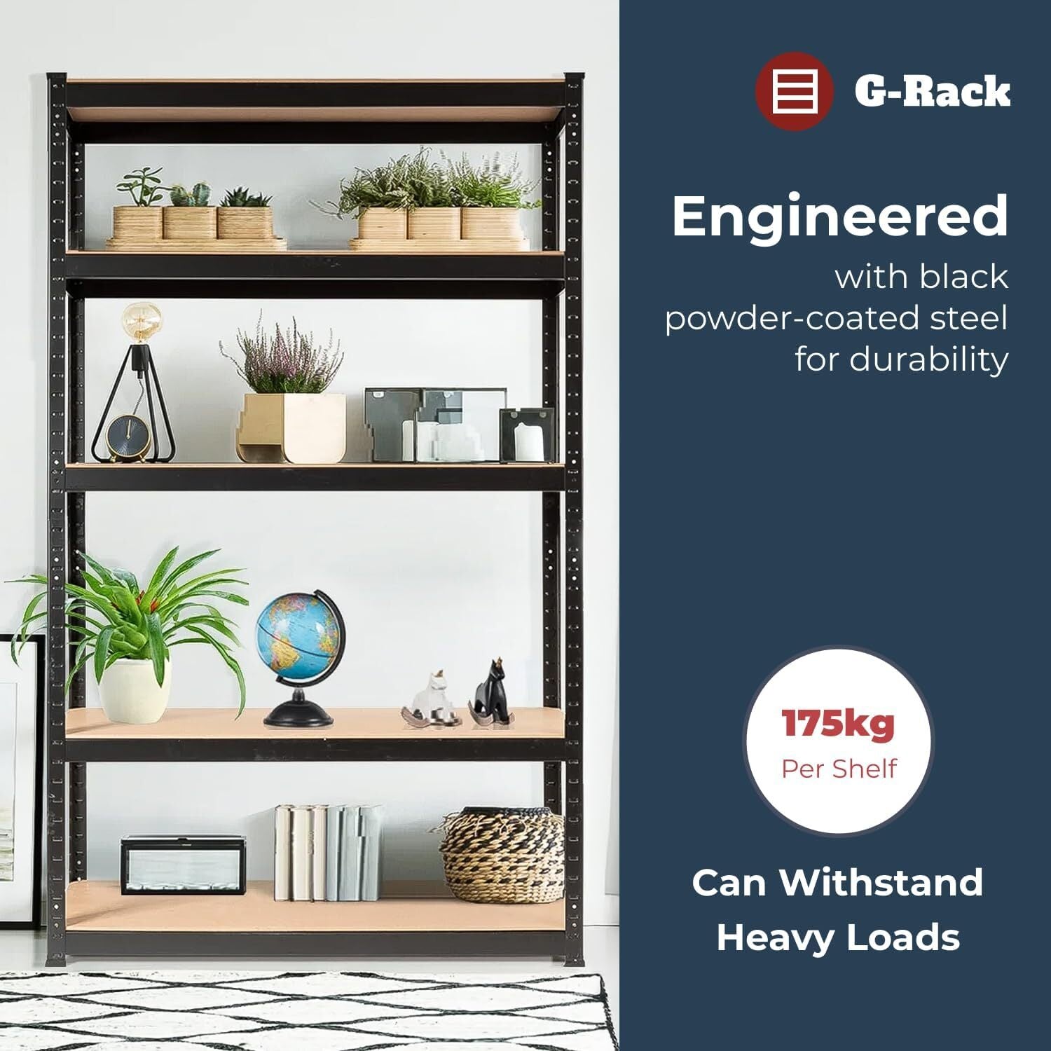 G-Rack Garage Shelving Racking made of black powder-coated steel, holds 175kg per shelf.
