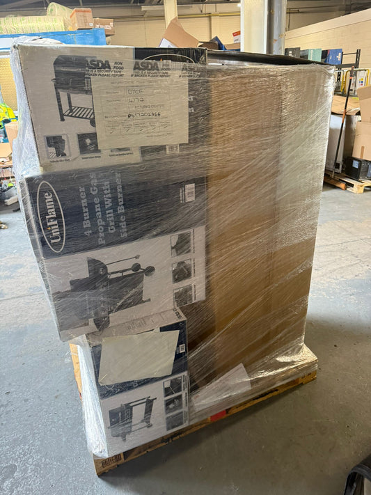 Garden products wholesale pallet from Ironbridge & Sons Ltd with various boxed items wrapped in plastic