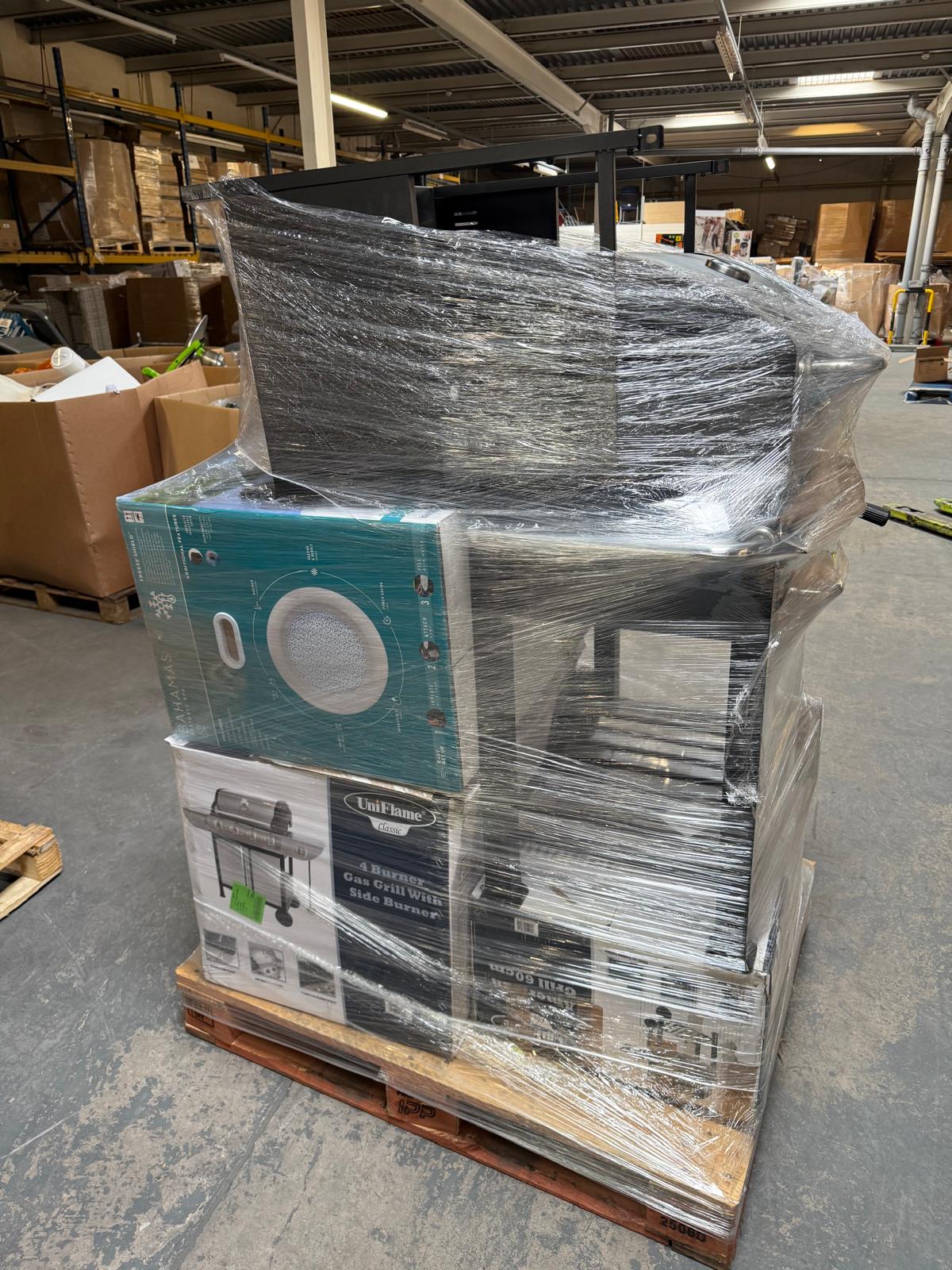 Garden products wholesale pallet stacked with various outdoor items from Ironbridge & Sons Ltd