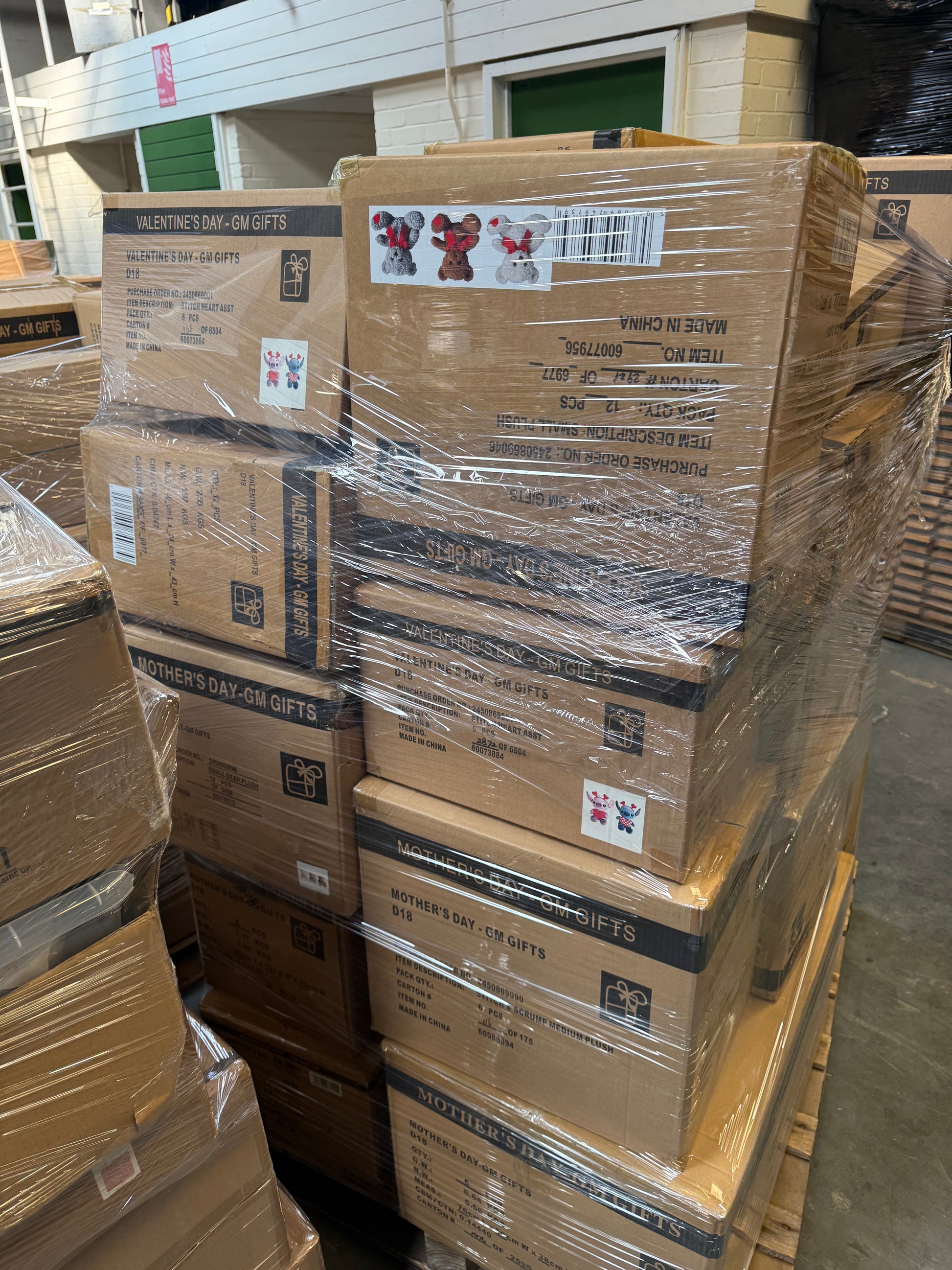Bulk pallet of seasonal soft toys from Ironbridge & Sons Ltd wrapped for shipping