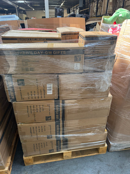 Seasonal soft toys bulk pallet wrapped securely with various gift boxes for holidays