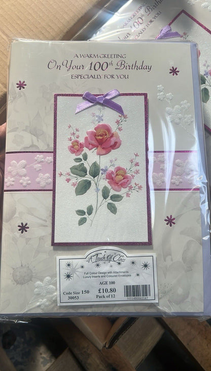 Pack of 100th birthday floral cards with pink roses and purple bow embossed design bulk greeting cards wholesale