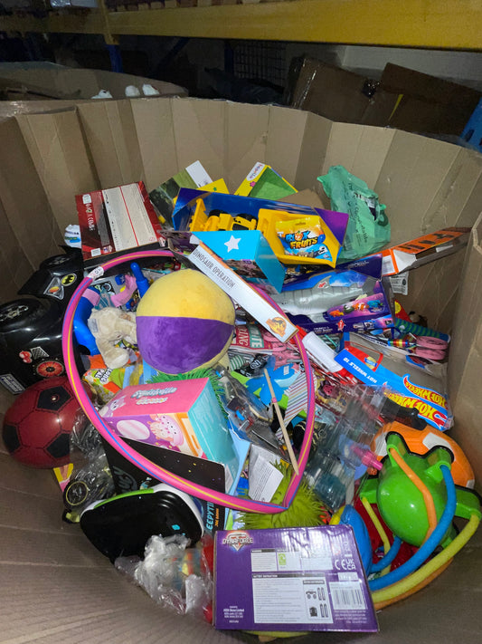 Wholesale toys pallet filled with assorted toys including balls, outdoor games, and craft supplies